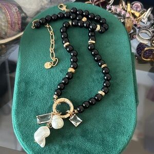 Elegant Black and Gold Beaded Necklace with Pearl Accents adjustable length